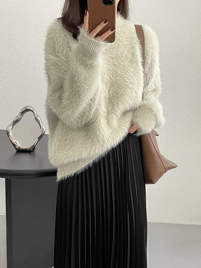 [Korean Style] 4 Color Round Neck Mohair Fluffy Pullover Thick Sweater