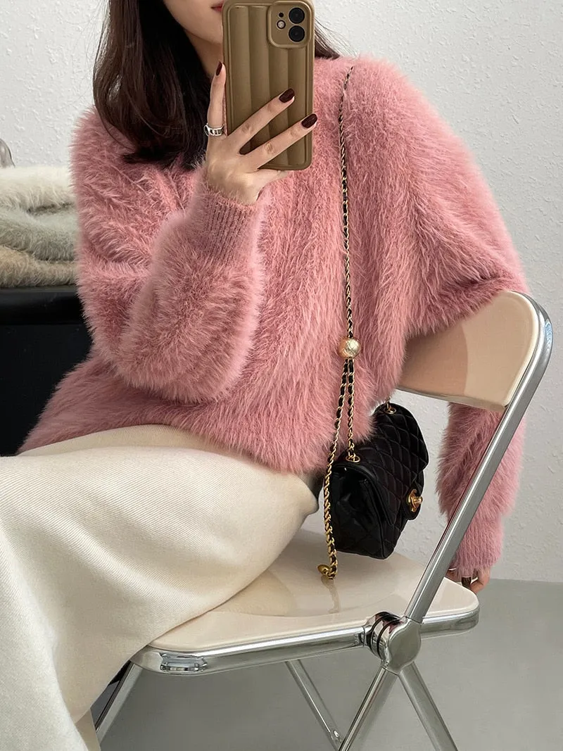 [Korean Style] 4 Color Round Neck Mohair Fluffy Pullover Thick Sweater