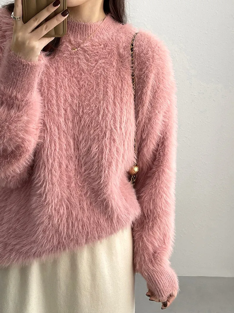 [Korean Style] 4 Color Round Neck Mohair Fluffy Pullover Thick Sweater