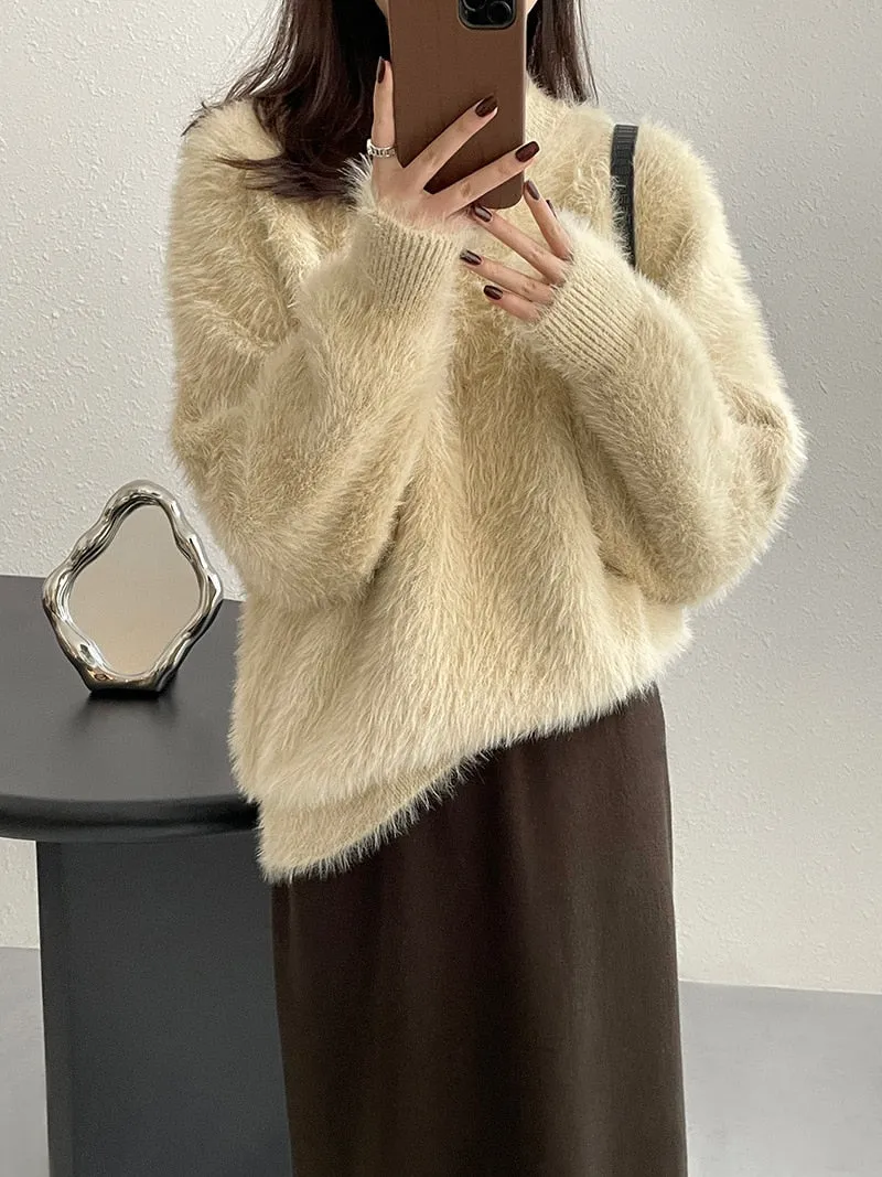 [Korean Style] 4 Color Round Neck Mohair Fluffy Pullover Thick Sweater