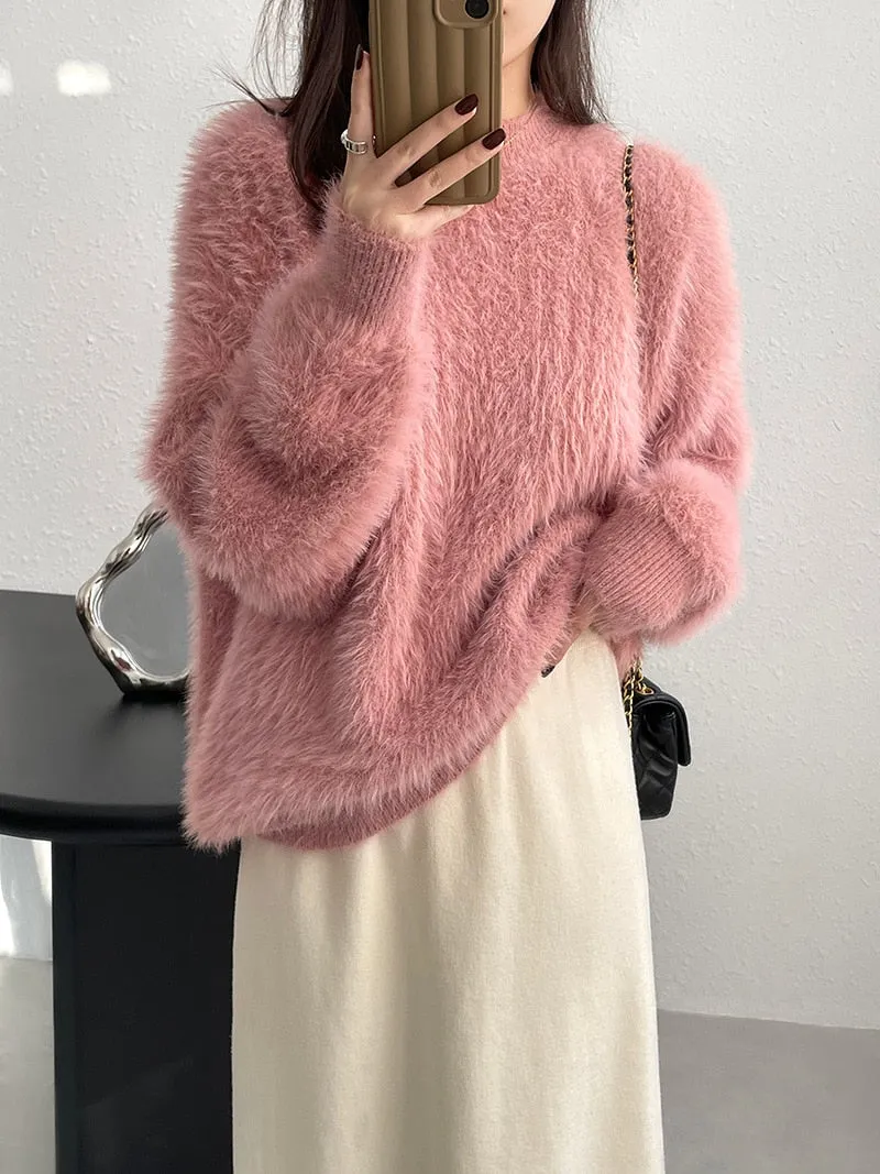 [Korean Style] 4 Color Round Neck Mohair Fluffy Pullover Thick Sweater