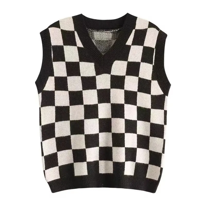 Lanfubeisi dti outfits Japanese and Korean Style Black and White Chessboard Plaid Knitted Vest Women's Early Autumn New Korean Style Loose All-Match Sweater Coat Top