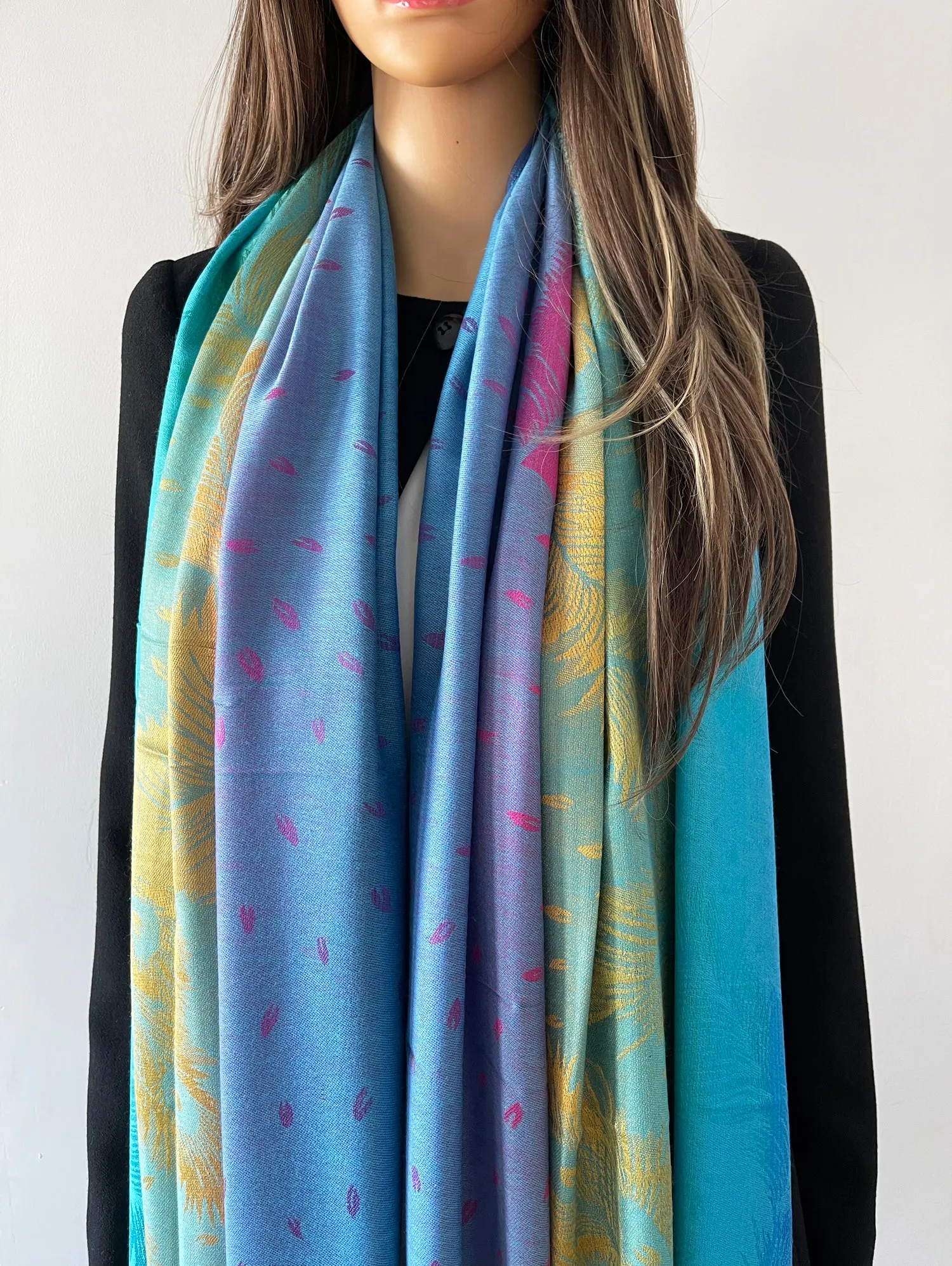 LARGE BLUE RAINBOW FEATHER AND LEAF PRINT PASHMINA SHAWL SCARF