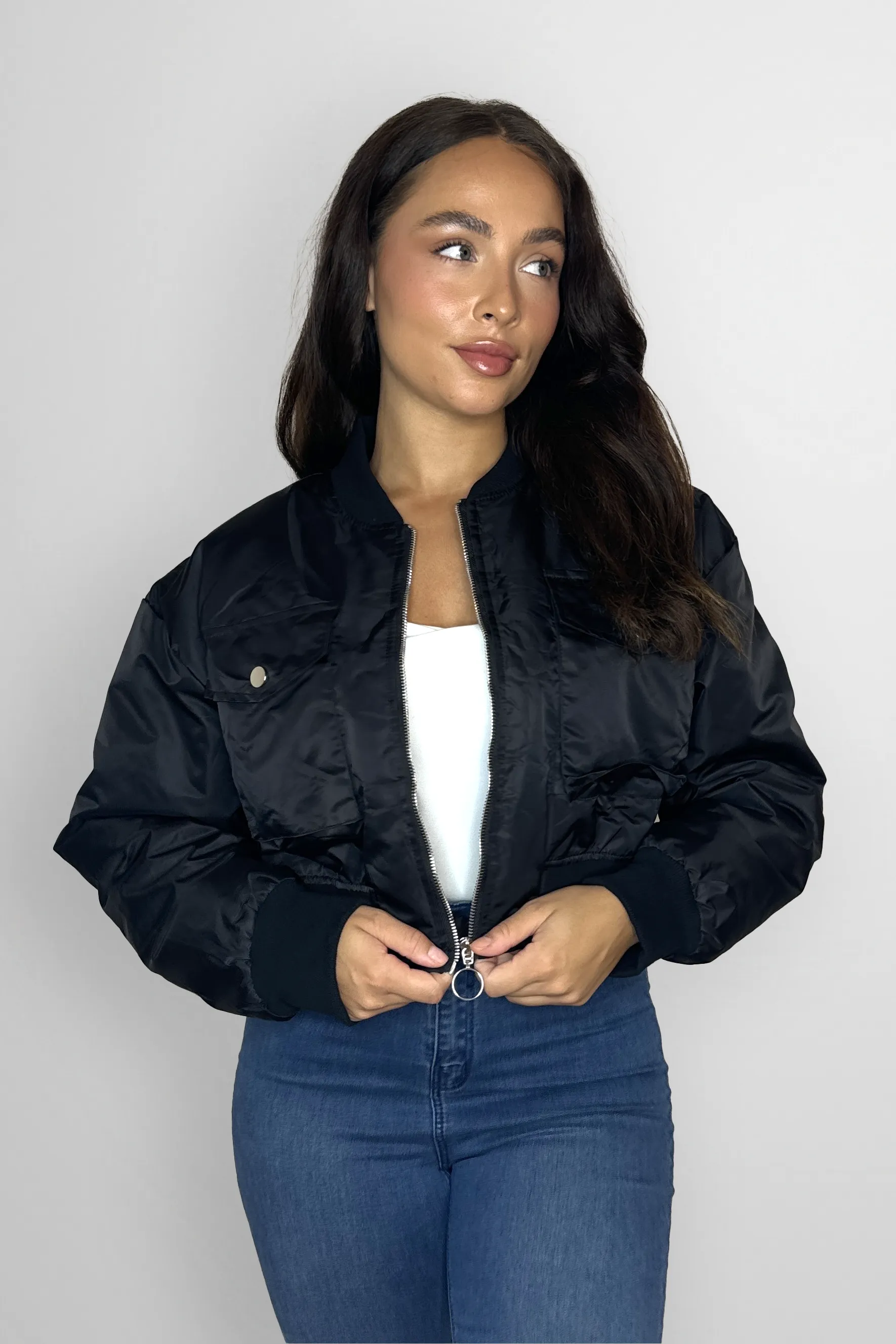 Large Front Pocket Relaxed Fit Short Bomber Jacket