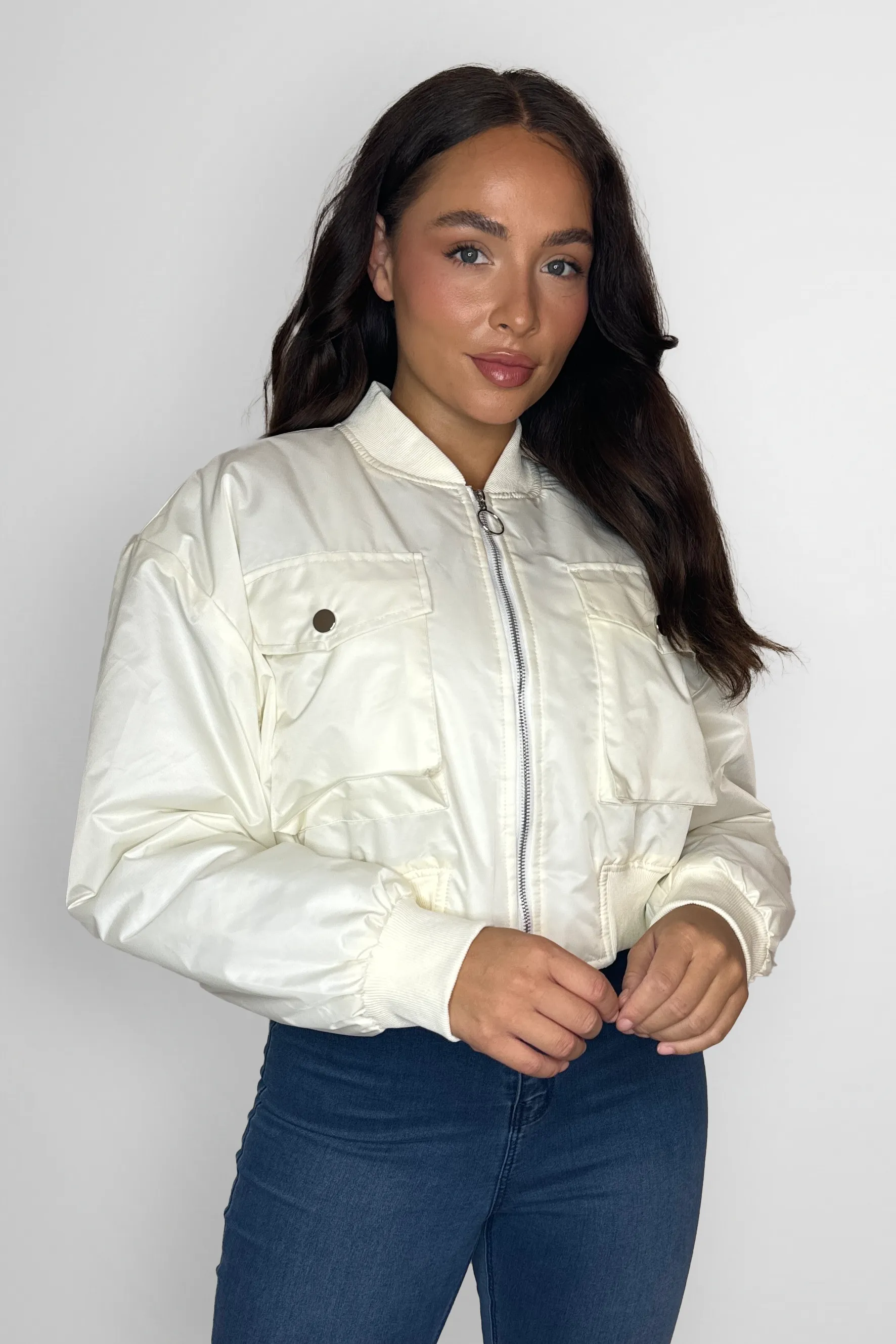 Large Front Pocket Relaxed Fit Short Bomber Jacket