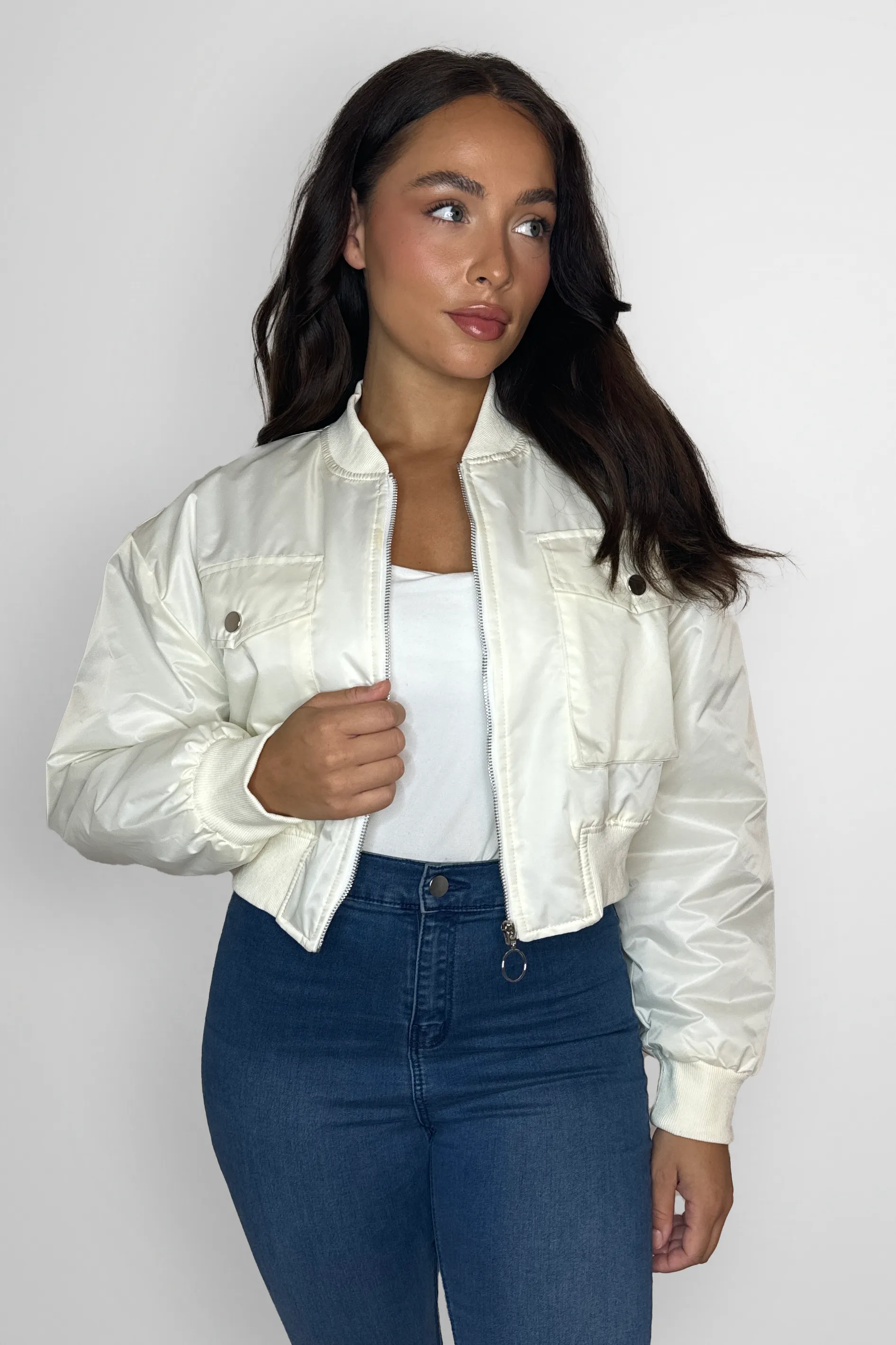 Large Front Pocket Relaxed Fit Short Bomber Jacket