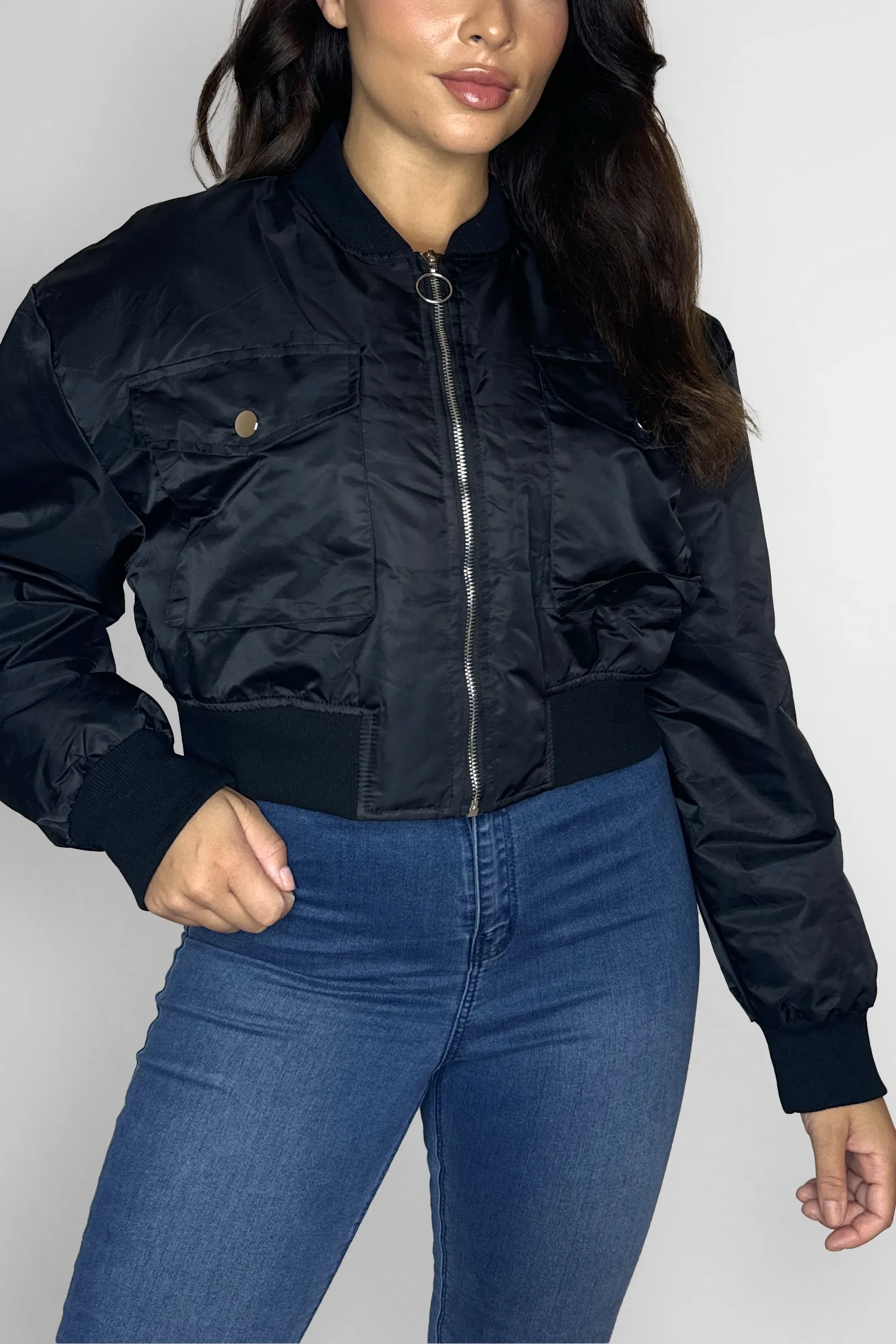 Large Front Pocket Relaxed Fit Short Bomber Jacket