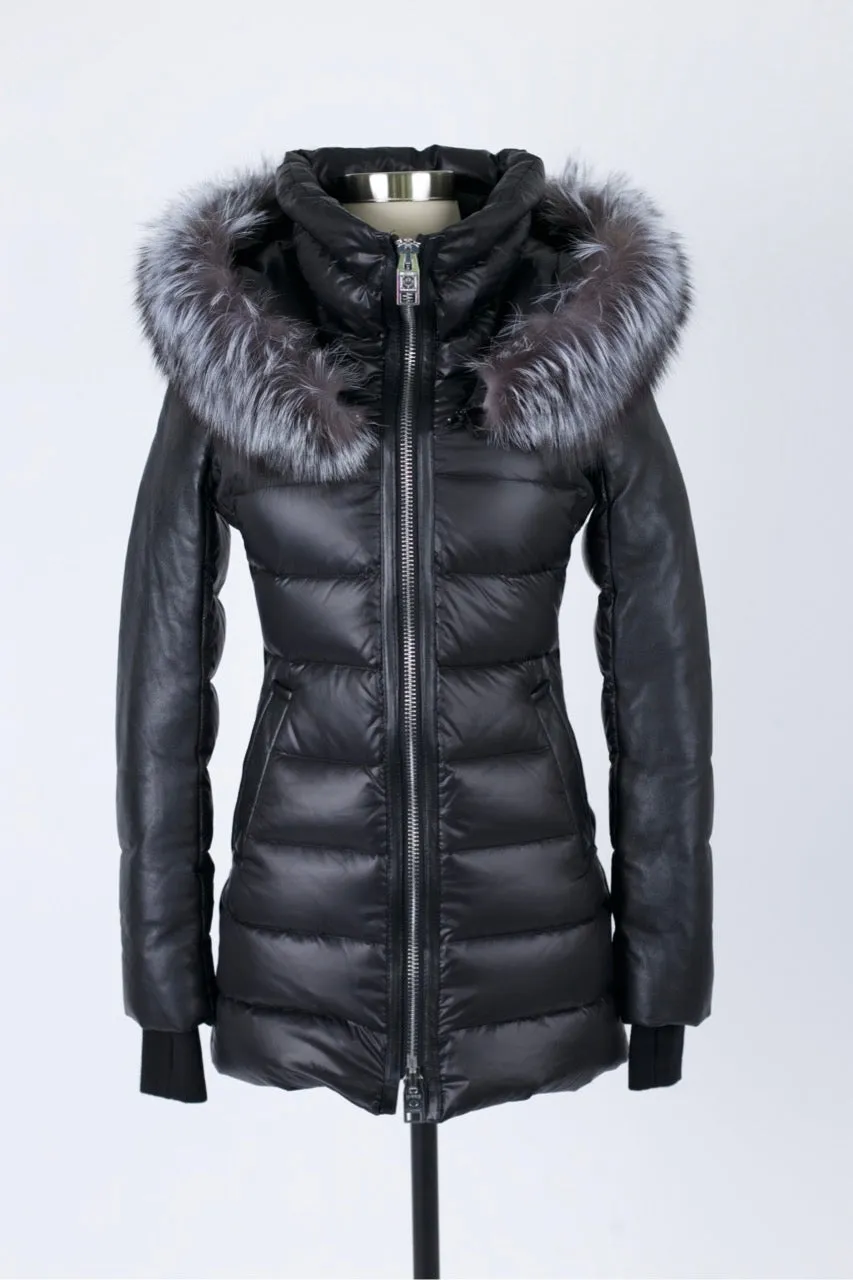 Leather Trim Down Parka W/ Fur Hood