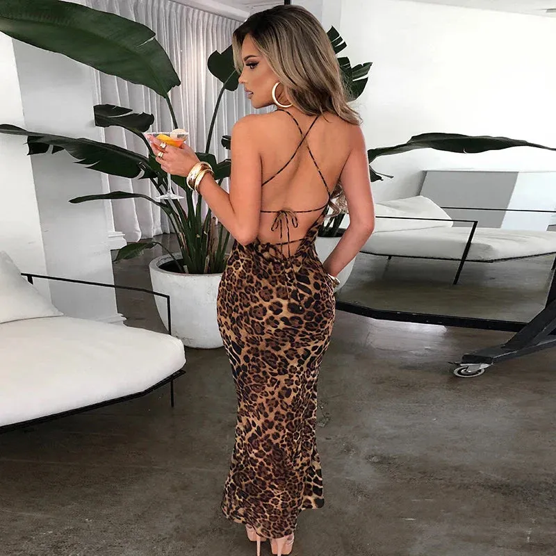 Leopard Print Lace Up Backless Bodycon Midi Dress for Women