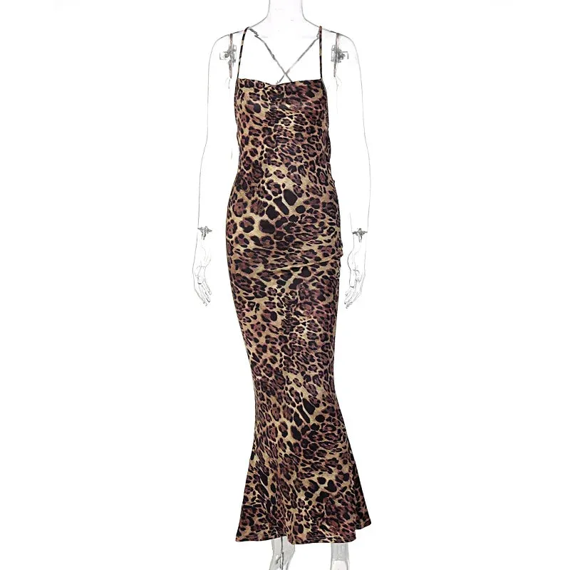 Leopard Print Lace Up Backless Bodycon Midi Dress for Women