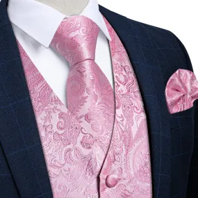 Light Pink Paisley Silk Men's Vest Hanky Cufflinks Tie Set