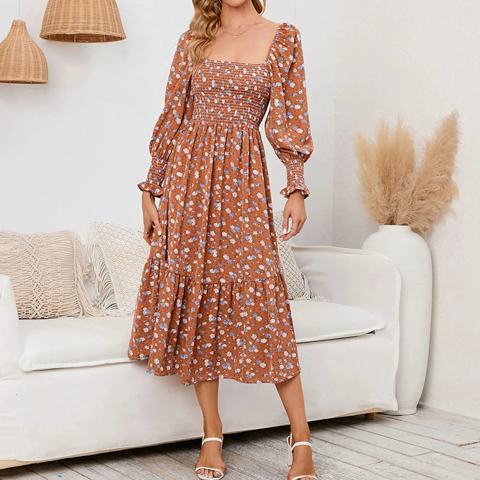 Long Sleeve Elegant Floral Square Collar Party Autumn Winter Midi Casual Dress