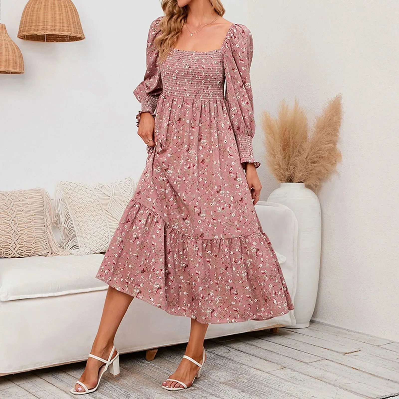 Long Sleeve Elegant Floral Square Collar Party Autumn Winter Midi Casual Dress