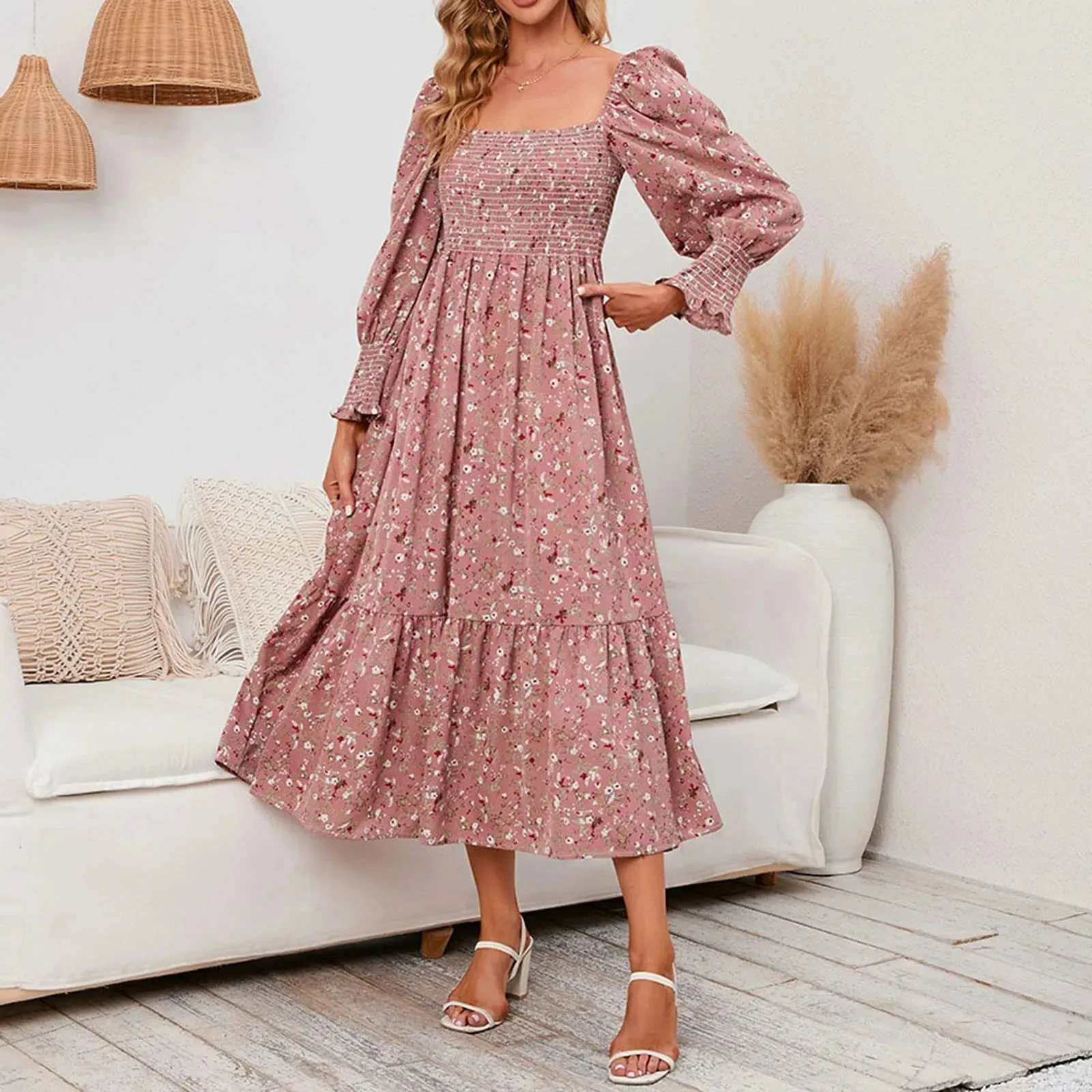 Long Sleeve Elegant Floral Square Collar Party Autumn Winter Midi Casual Dress