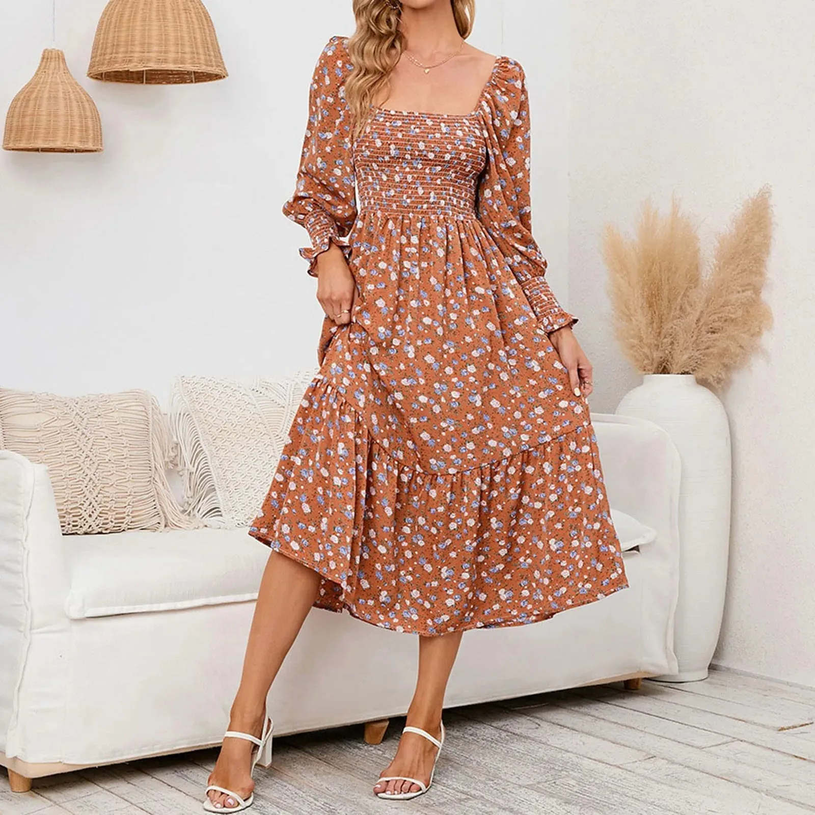 Long Sleeve Elegant Floral Square Collar Party Autumn Winter Midi Casual Dress