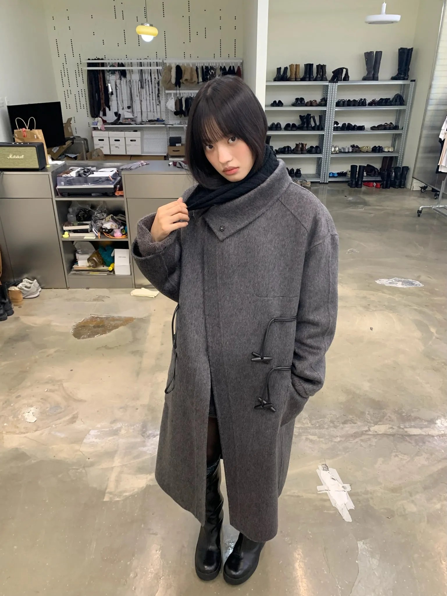 Long wool coat with diagonal placket