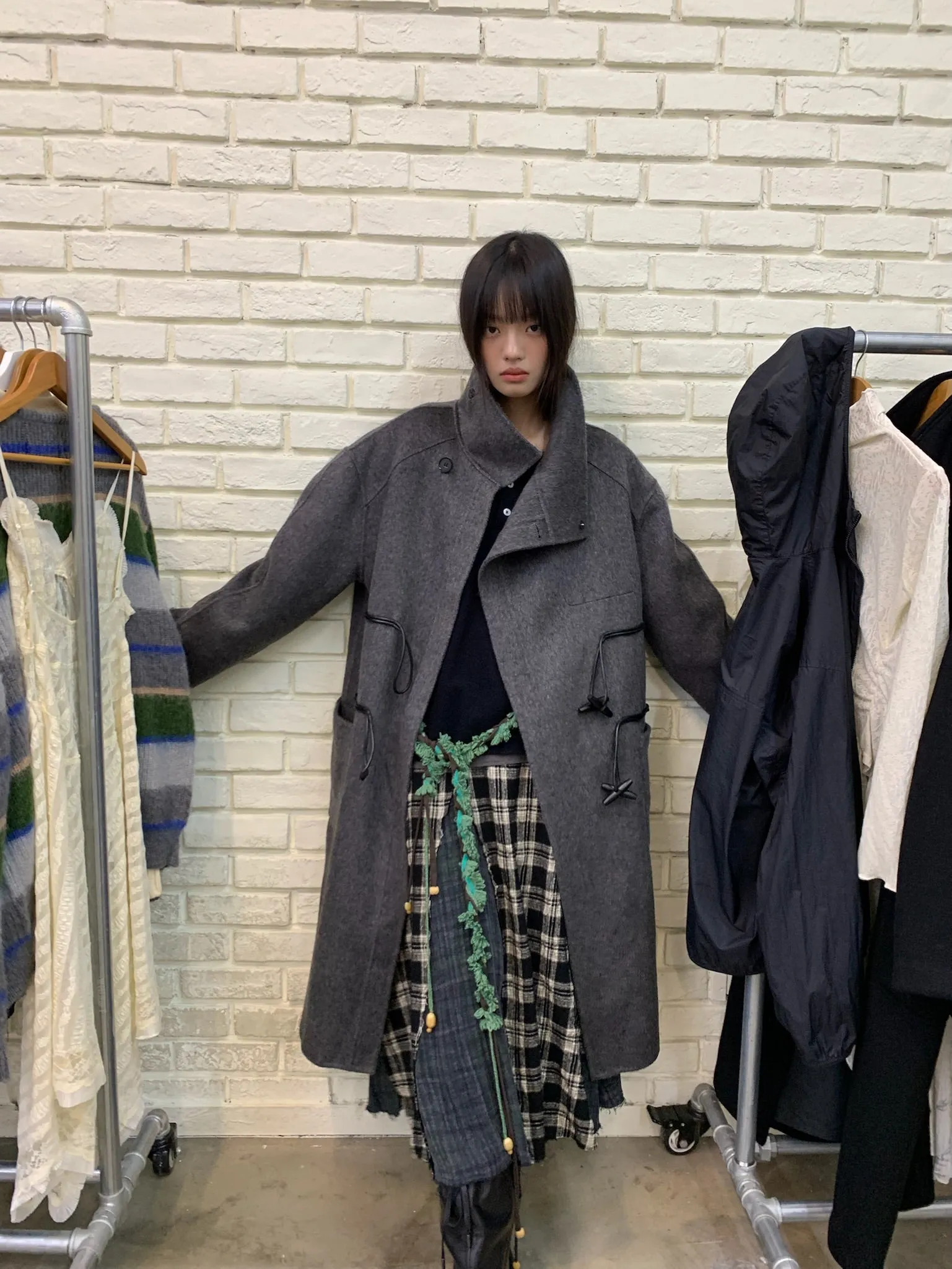 Long wool coat with diagonal placket