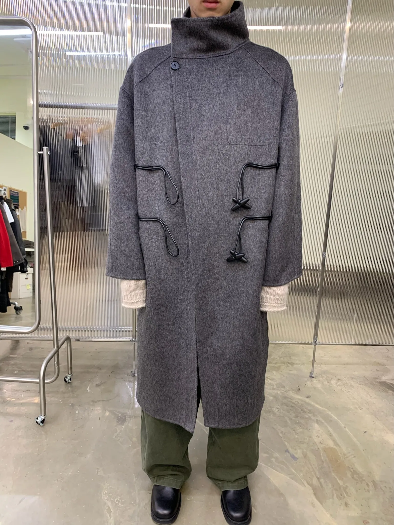 Long wool coat with diagonal placket