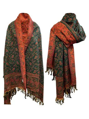 LUXURY HANDMADE Green Orange floral Scarf Yak Wool comfortable scarf Shawl Blanket stole unisex Wrap Meditation Soft Shawl special Gift