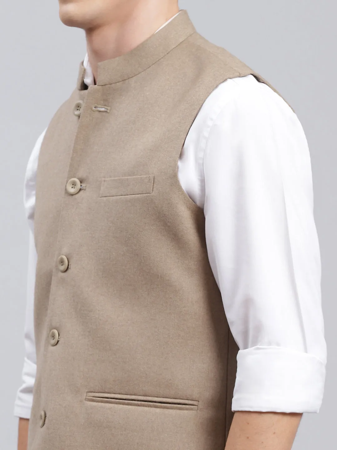 Men Beige Solid Wool blend Coat