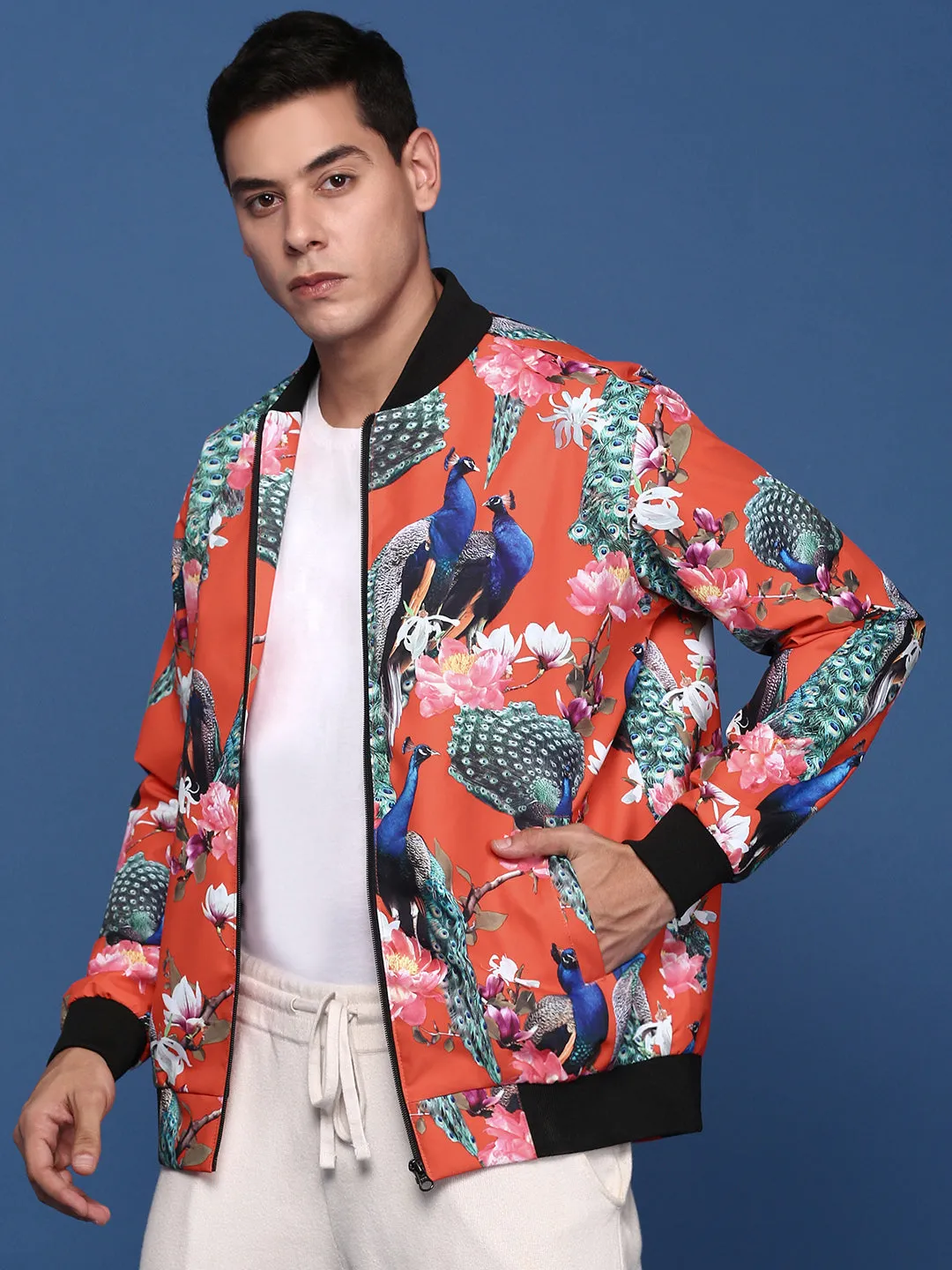 Men Printed Orange Bomber Jacket