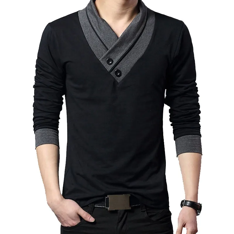 Men's Designer Shawl V-Neck Long Sleeve Shirt