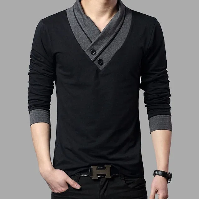 Men's Designer Shawl V-Neck Long Sleeve Shirt