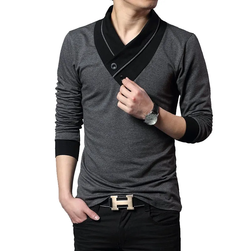 Men's Designer Shawl V-Neck Long Sleeve Shirt