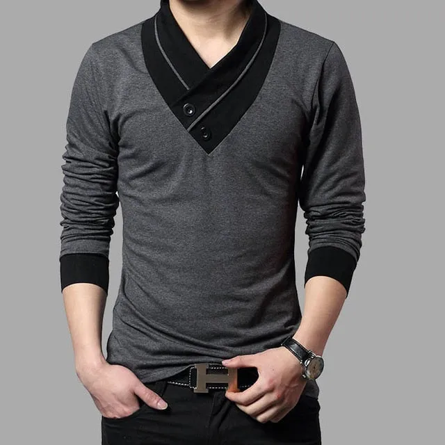 Men's Designer Shawl V-Neck Long Sleeve Shirt