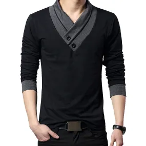 Men's Designer Shawl V-Neck Long Sleeve Shirt