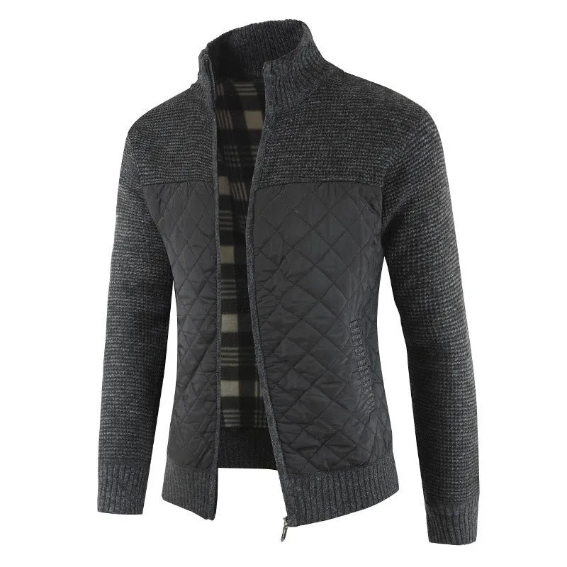 Men's Thick Knitted Cardigan Sweater - Full Zip Stand Collar, Fleece Lined Winter Coat with Patchwork Design