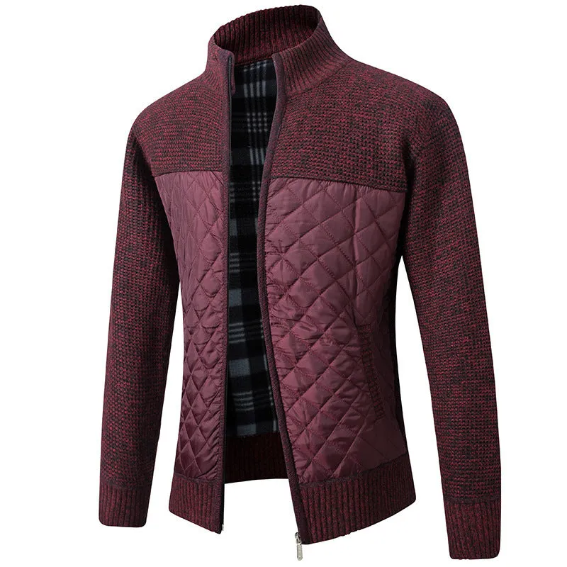 Men's Thick Knitted Cardigan Sweater - Full Zip Stand Collar, Fleece Lined Winter Coat with Patchwork Design