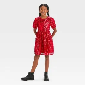 New - Girls' Short Puff Sleeve Sequin Dress - Cat & Jack