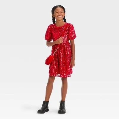 New - Girls' Short Puff Sleeve Sequin Dress - Cat & Jack