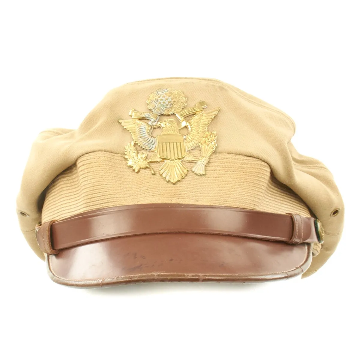 Original U.S. WWII Named USAAF Officer Khaki Crush Peaked Visor Cap by The Uniform Shop - Size 7 1/8