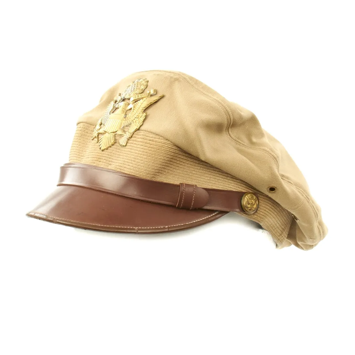 Original U.S. WWII Named USAAF Officer Khaki Crush Peaked Visor Cap by The Uniform Shop - Size 7 1/8