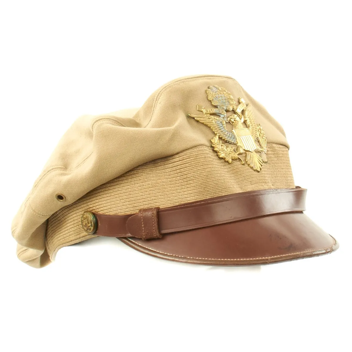 Original U.S. WWII Named USAAF Officer Khaki Crush Peaked Visor Cap by The Uniform Shop - Size 7 1/8