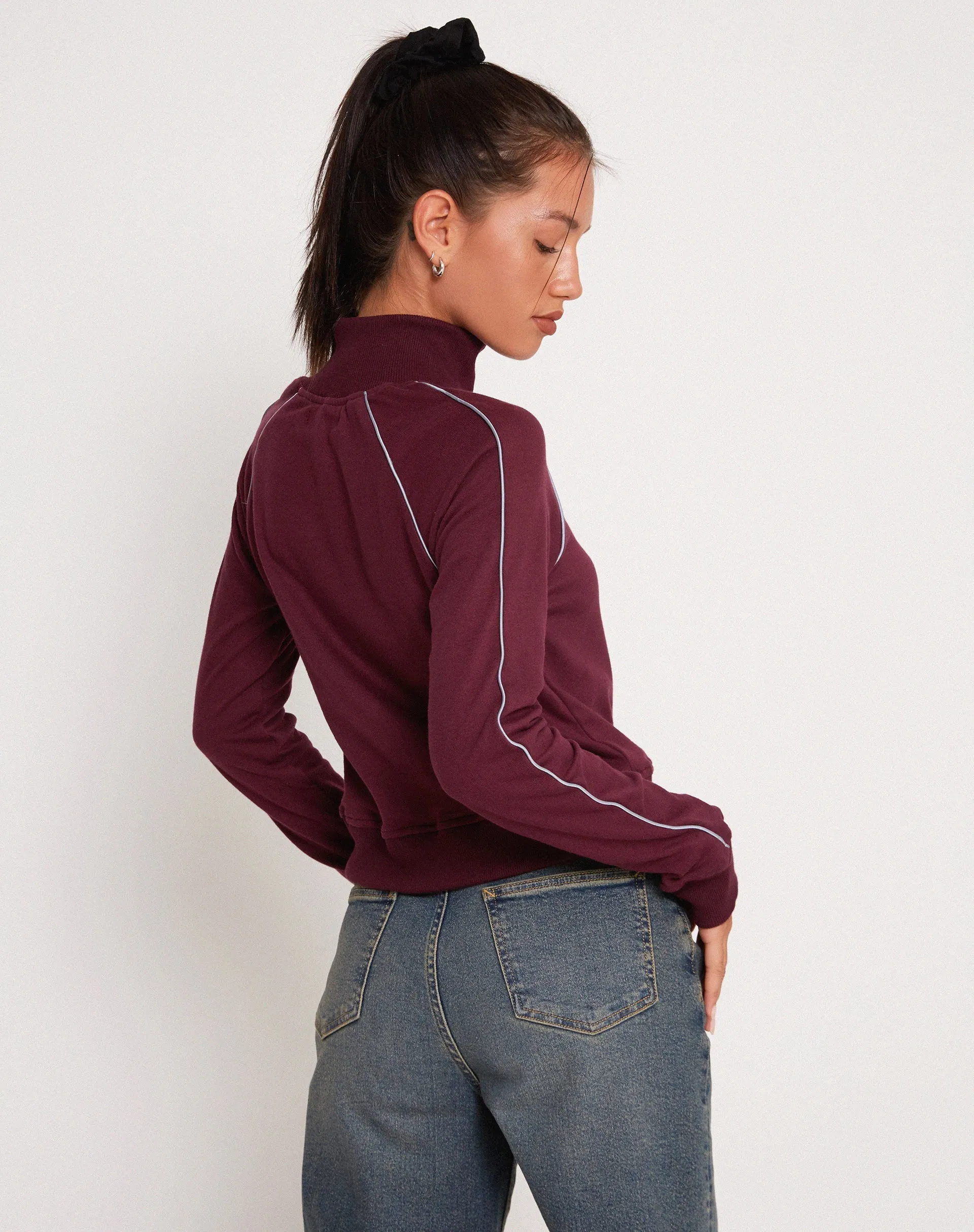 Patrice Zip Up High Neck Sweater in Oxblood with Grey Piping