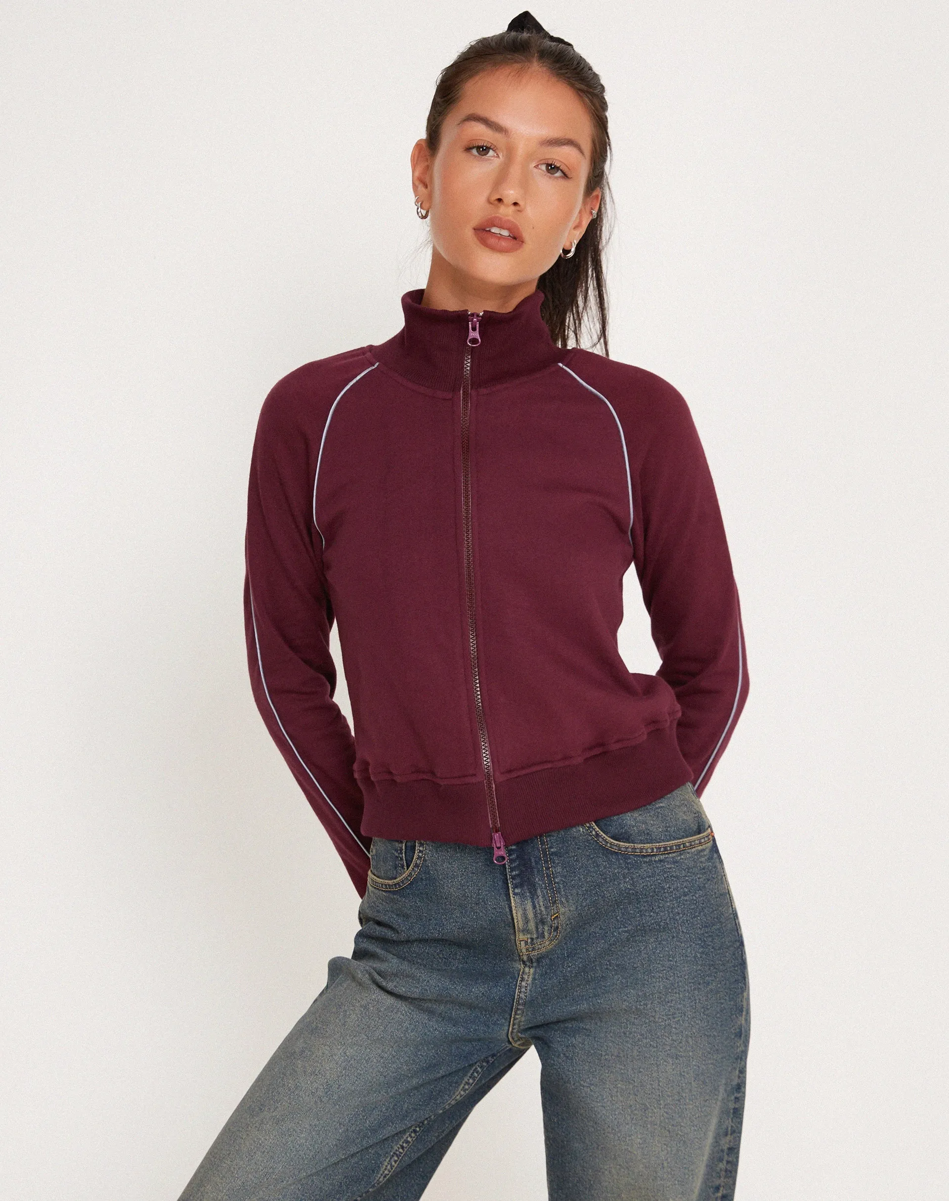 Patrice Zip Up High Neck Sweater in Oxblood with Grey Piping