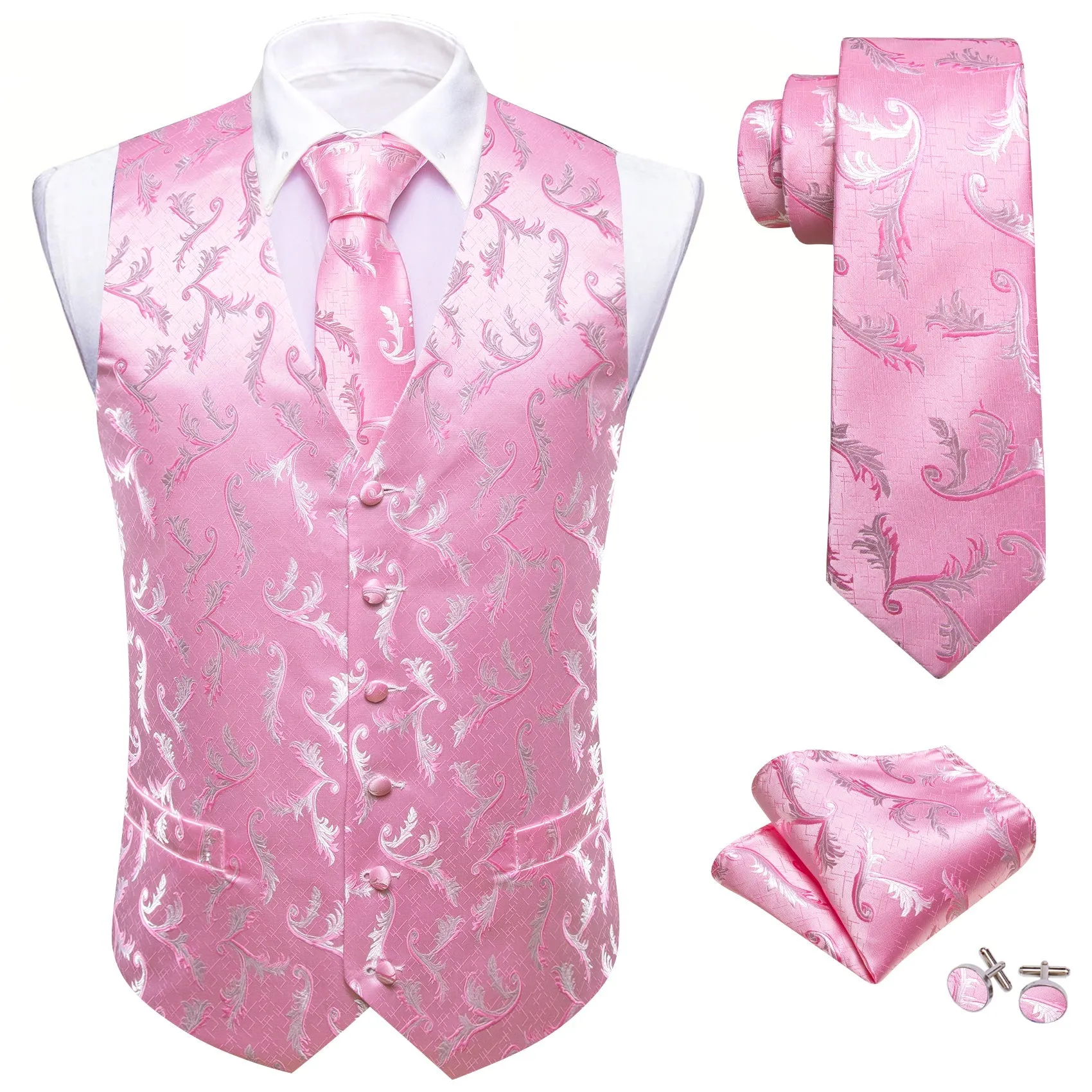 Pink Floral Silk Men's Vest Hanky Cufflinks Tie Set