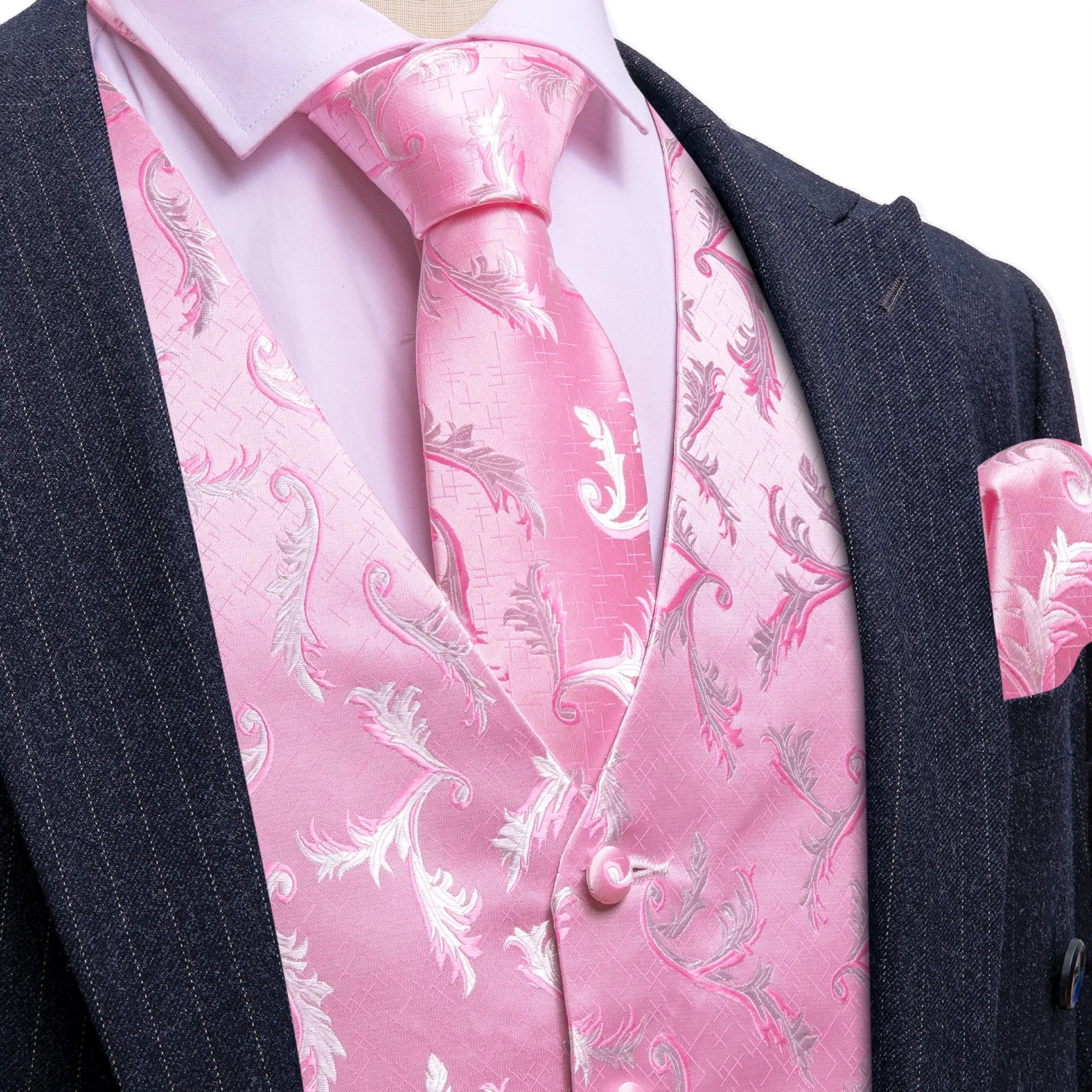 Pink Floral Silk Men's Vest Hanky Cufflinks Tie Set