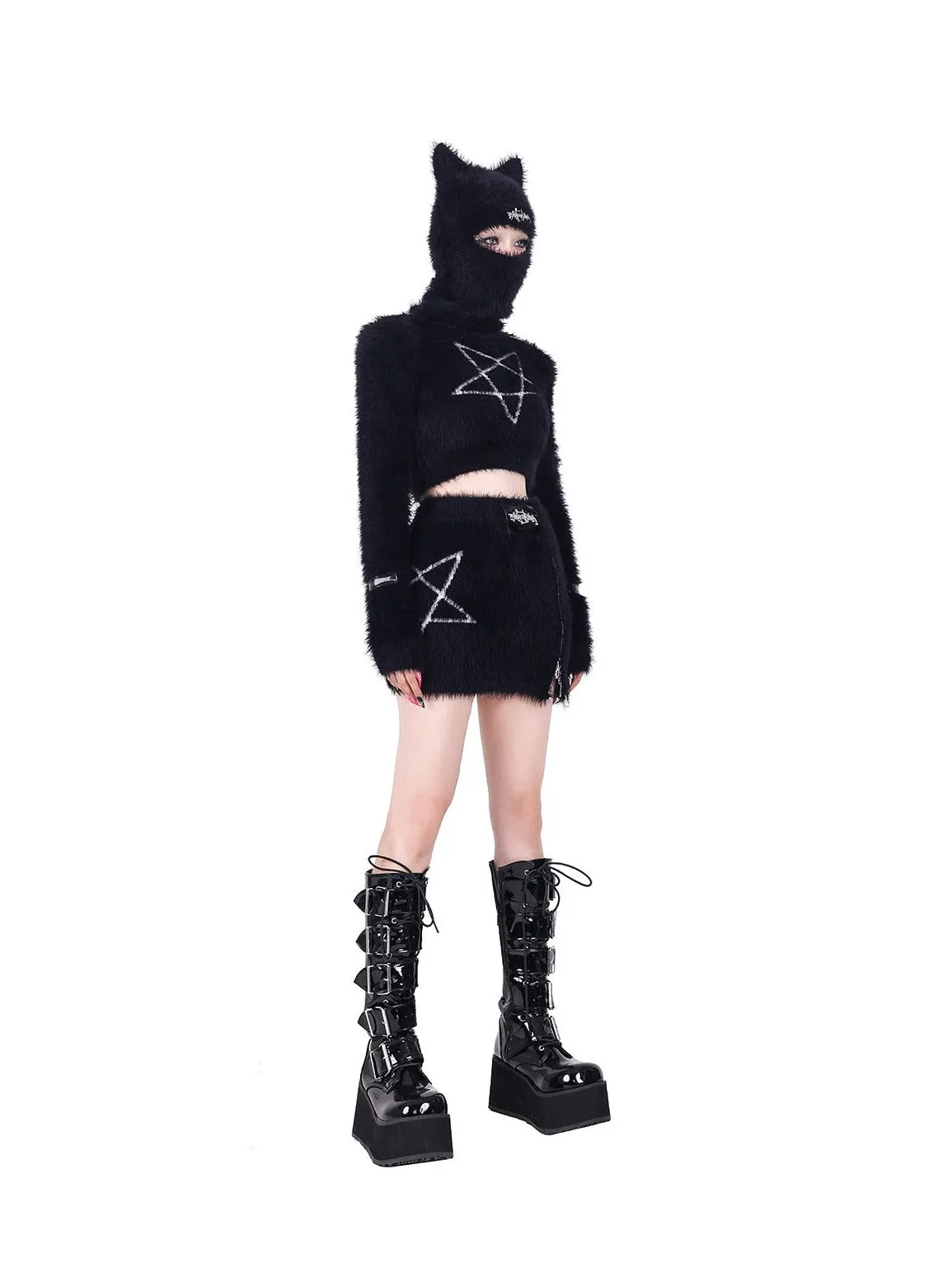 PINKSPINK Pentagram Fuzzy Crop Top and Skirt Set - Black