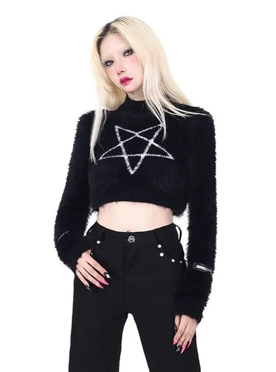 PINKSPINK Pentagram Fuzzy Crop Top and Skirt Set - Black