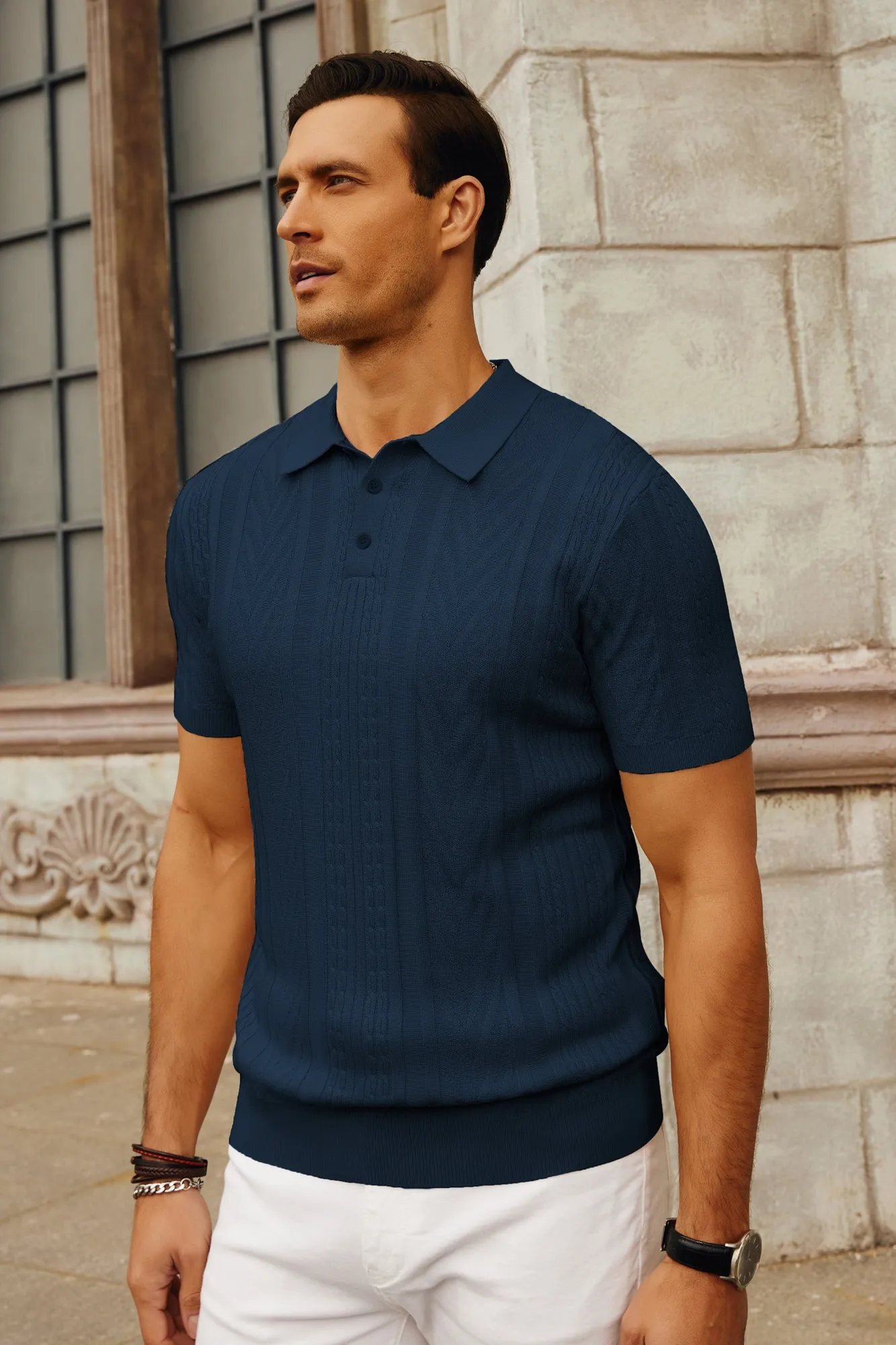 PJ PAUL JONES Men's Short Sleeve Knitted Polo Shirts Casual Textured Golf Shirts