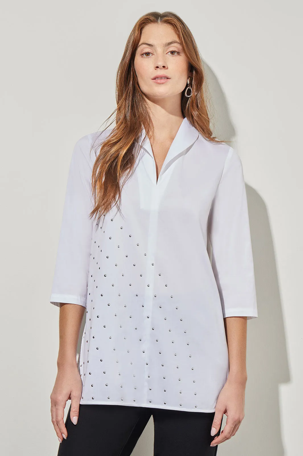 Plus Size Shawl Collar Shirt - Studded Stretch Cotton