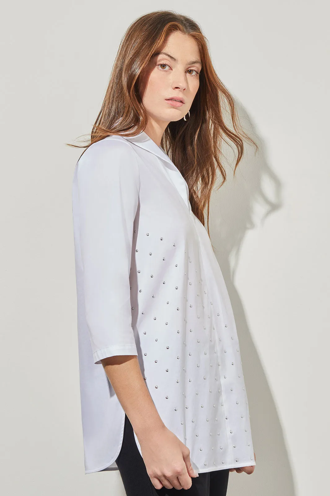 Plus Size Shawl Collar Shirt - Studded Stretch Cotton