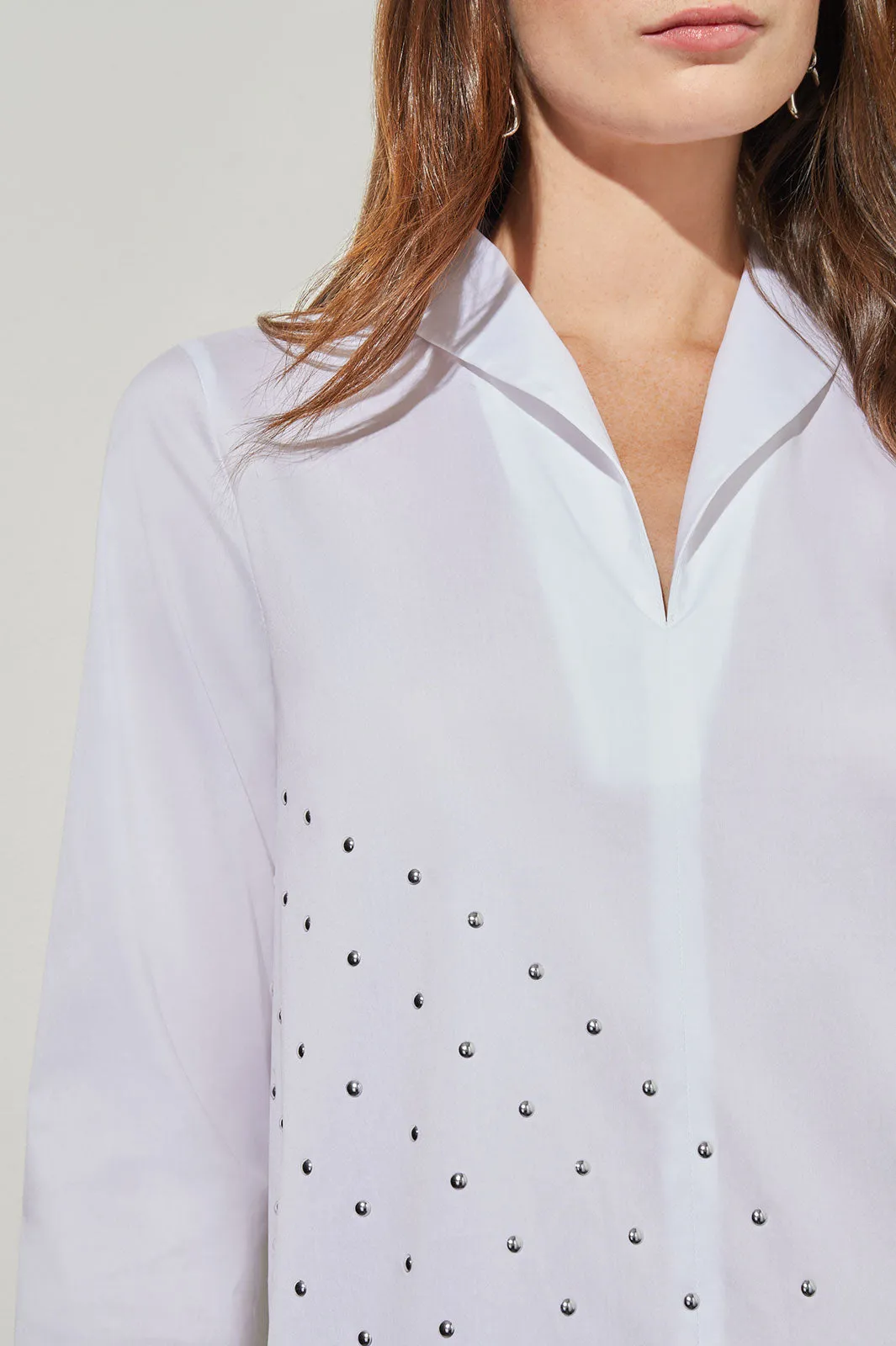 Plus Size Shawl Collar Shirt - Studded Stretch Cotton