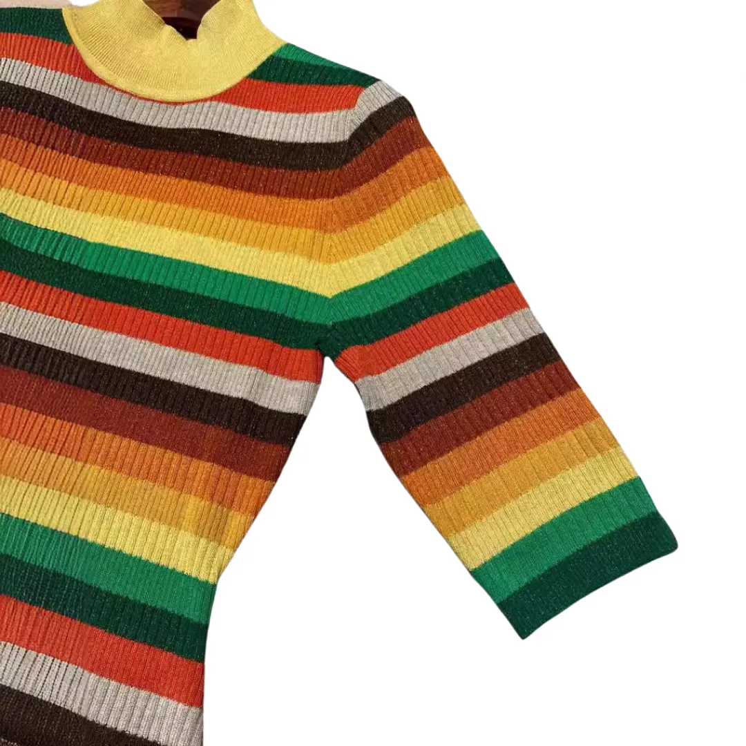 Pre Order:  Rainbow Striped Waist Cinching Patchwork Pullover Dress