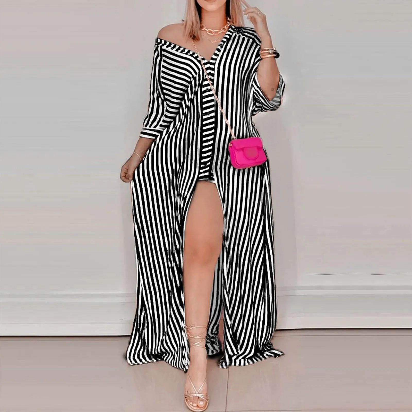 Printed Summer Maxi Long Shirts Female Casual Evening Party Boho Dress with Turn-down Collar