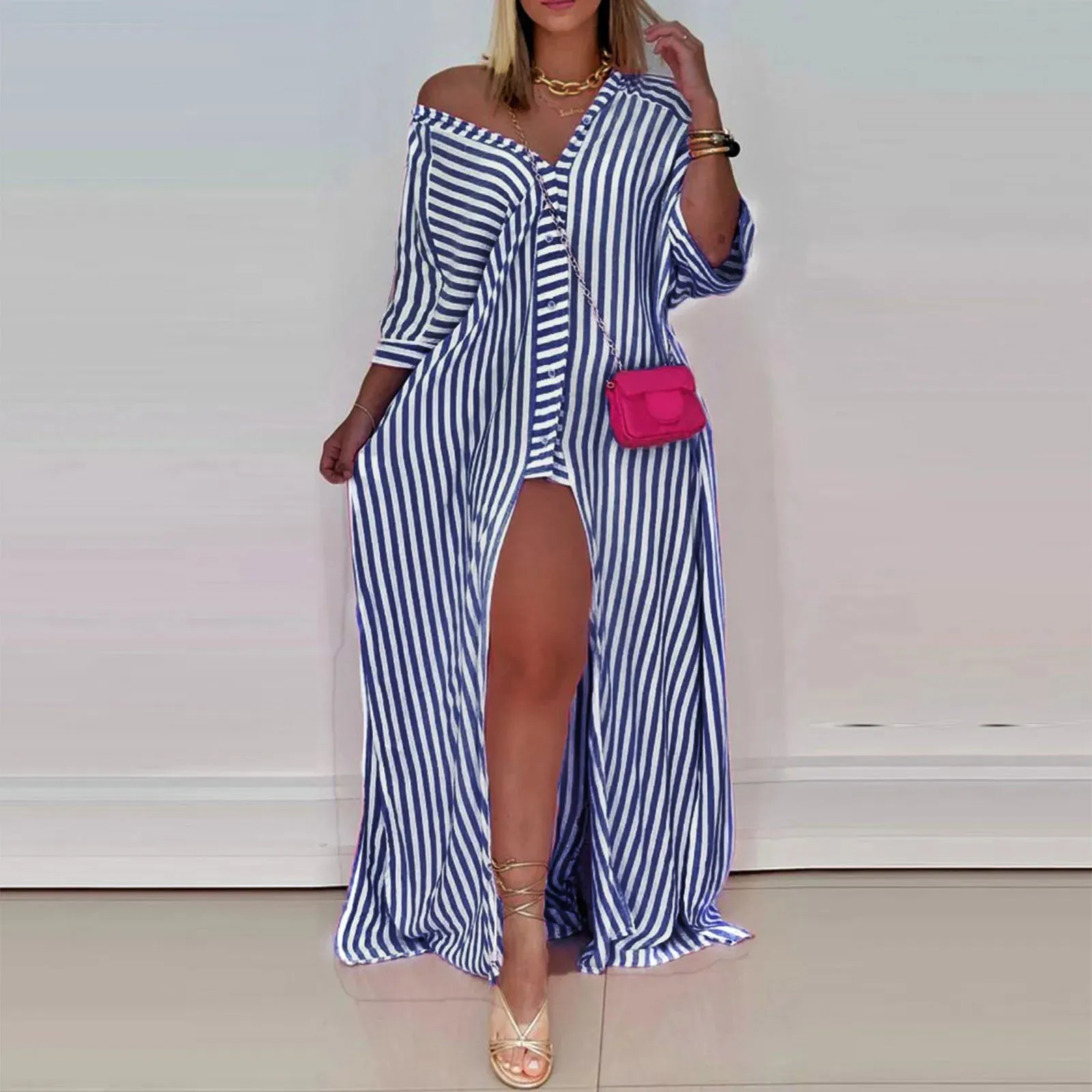 Printed Summer Maxi Long Shirts Female Casual Evening Party Boho Dress with Turn-down Collar